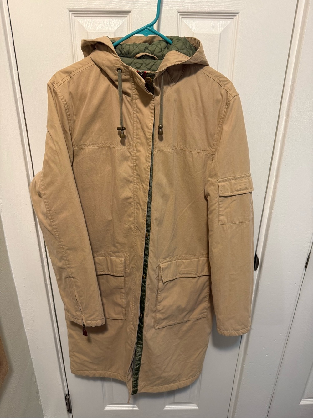 Tan Hooded Long Utility Parka Coat Quilted Lining